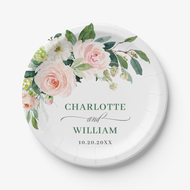 Elegant Blush Pink Flowers Floral Boho Wedding Paper Plates (Front)