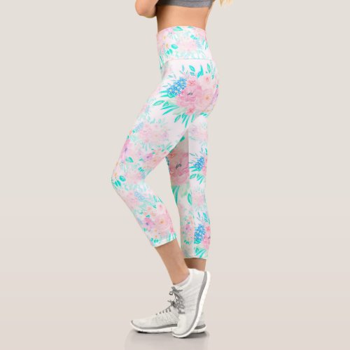 Elegant Blush Pink Flowers Floral  Capri Leggings