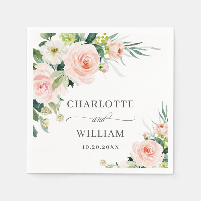 Elegant Blush Pink Flowers Floral Wedding Napkins (Front)