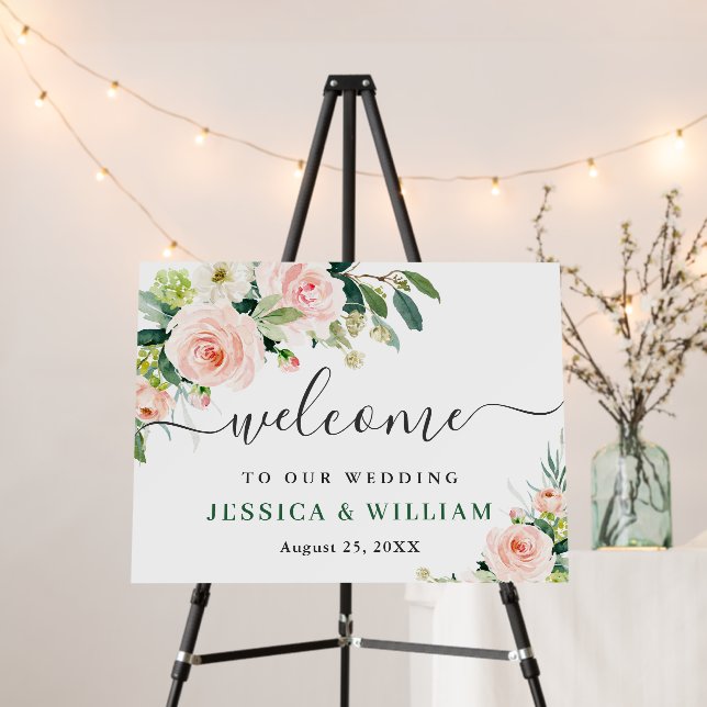 Elegant Blush Pink Flowers Floral Wedding Welcome Foam Board (In Situ (Stand))