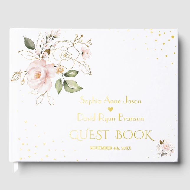 Elegant Blush Pink Flowers Gold Wedding Foil Guest Book (Front)