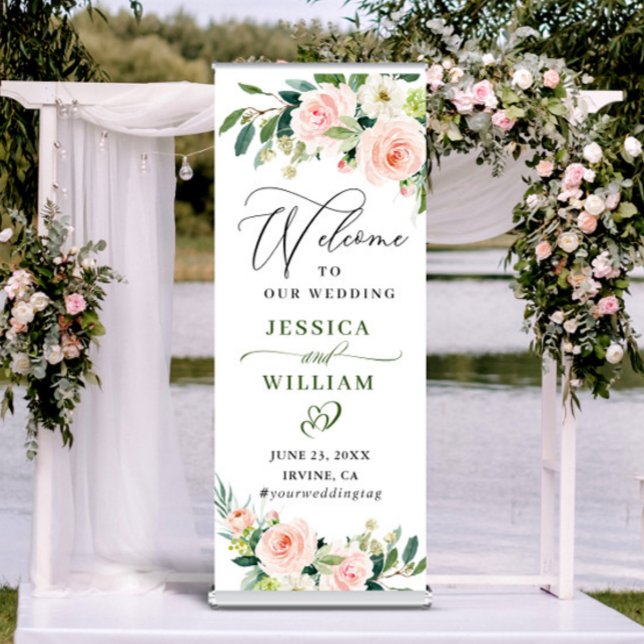 Elegant Blush Pink Flowers Greenery Boho Wedding Retractable Banner (Creator Uploaded)