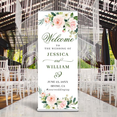 Elegant Blush Pink Flowers Greenery Boho Wedding Retractable Banner