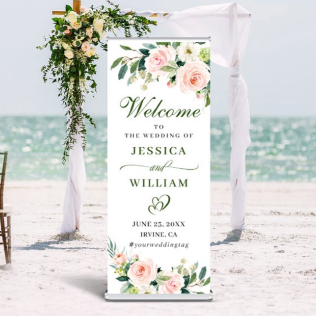 Elegant Blush Pink Flowers Greenery Boho Wedding Retractable Banner (Creator Uploaded)