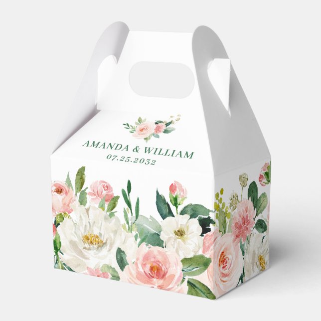 Elegant Blush Pink Flowers Greenery Wedding Favor Boxes (Front Side)