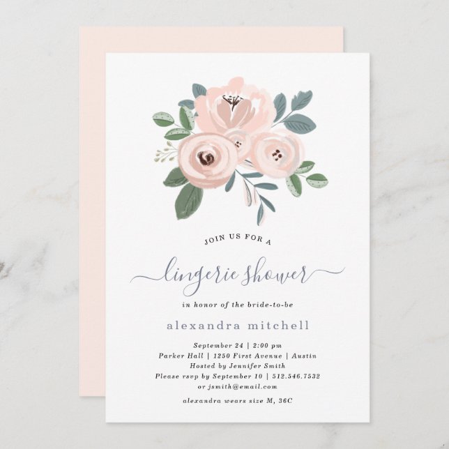 Elegant Blush Pink Flowers | Lingerie Shower Invitation (Front/Back)