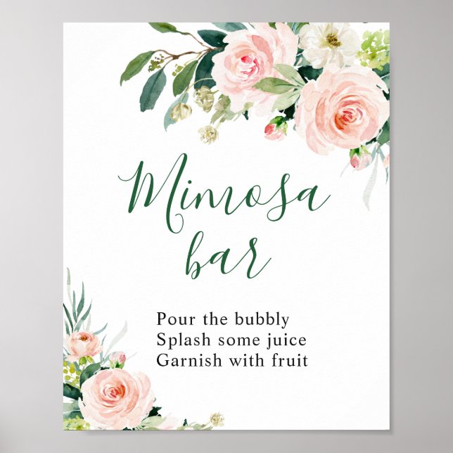 Elegant Blush Pink Flowers Mimosa Bar Wedding Sign (Front)