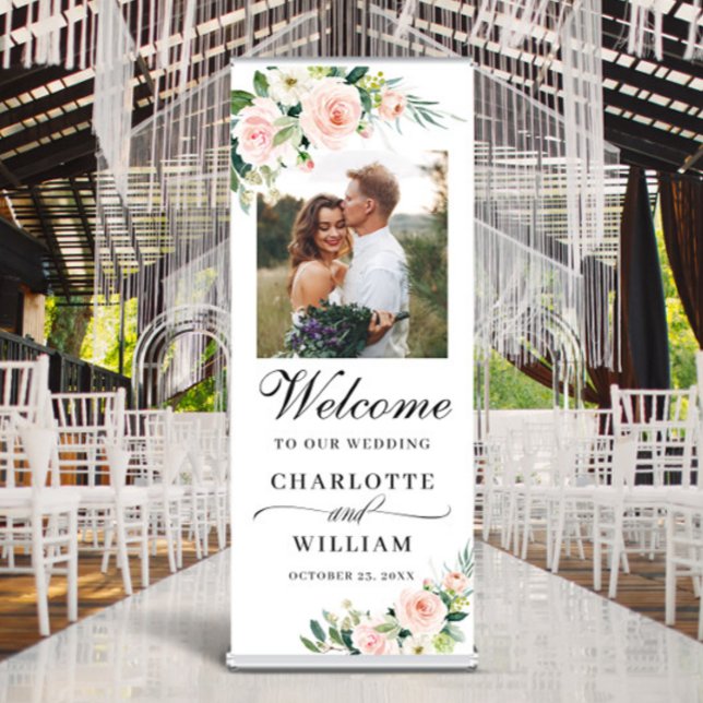 Elegant Blush Pink Flowers PHOTO Wedding Retractab Retractable Banner (Creator Uploaded)