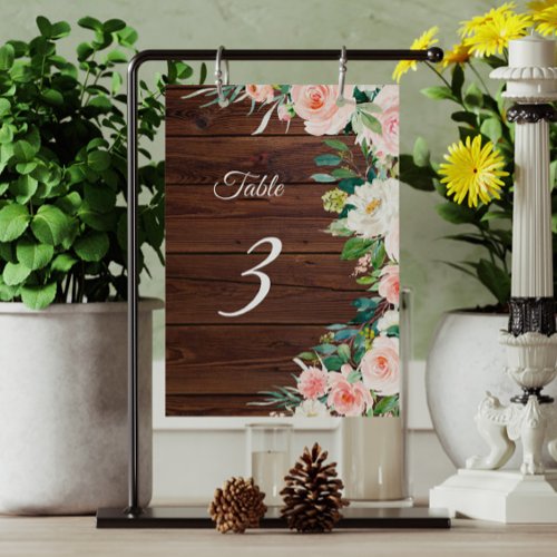 Elegant Blush Pink Flowers Rustic Wood Table Number