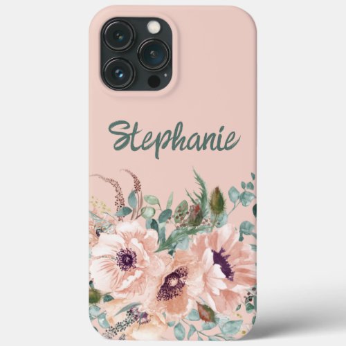 Elegant Blush Pink Flowers Sage Green Leaves Name iPhone 13 Pro Max Case