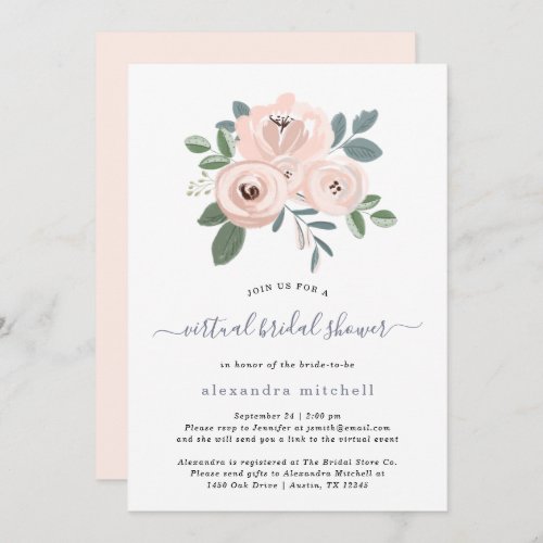 Elegant Blush Pink Flowers  Virtual Bridal Shower Invitation