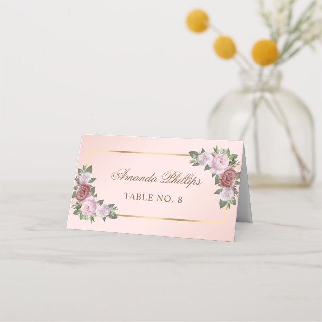 Elegant Blush Pink Fold Floral Wedding Place Card (Front)