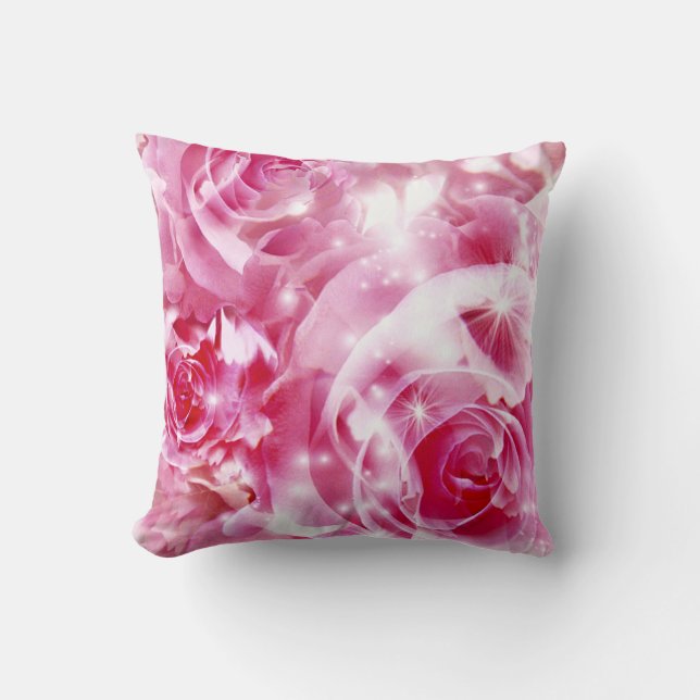 Elegant blush pink fuchsia white glam rose floral throw pillow (Front)