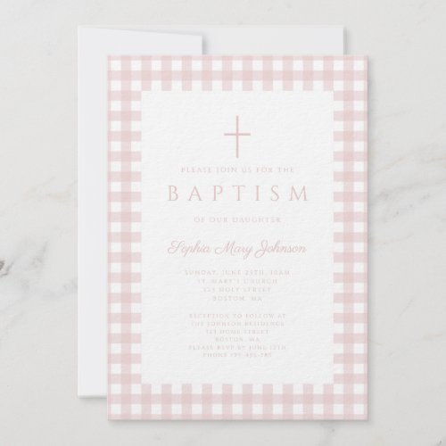 Elegant Blush Pink Gingham Girl Baptism Invitation