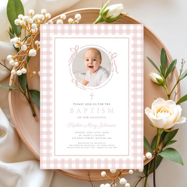 Elegant Blush Pink Gingham Photo Girl Baptism Invitation (Elegant Blush Pink GIngham Photo Girl Baptism Invitation)