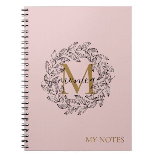 Elegant Blush Pink Girly Floral Gold Monogram Name Notebook