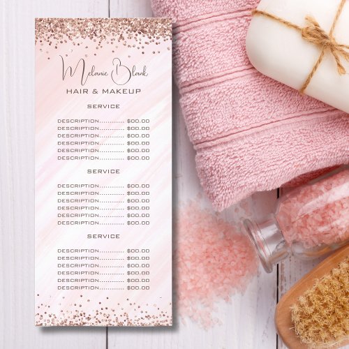 Elegant Blush Pink Glitter Beauty Salon Price List Rack Card