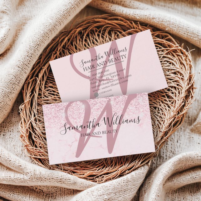 Elegant Blush Pink Glitter Monogram Hair Stylist Business Card (Creator Uploaded)