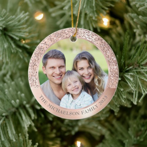 Elegant Blush Pink Glitter Photo Metallic Ceramic Ornament