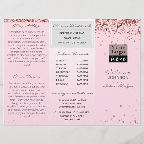 Elegant Blush Pink Glitter Trifold Salon Brochure