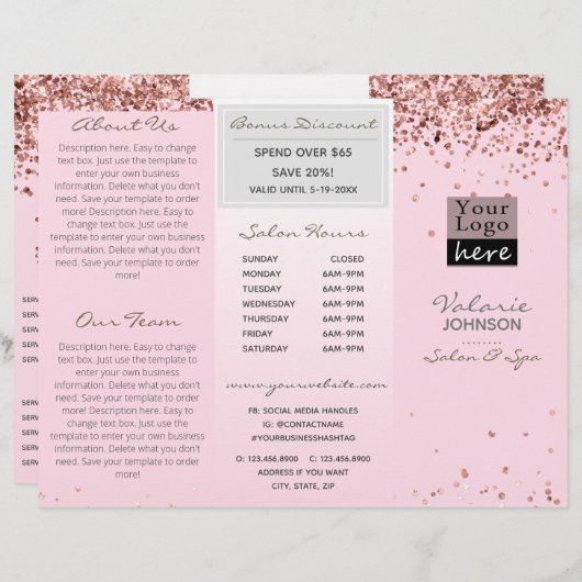 Elegant Blush Pink Glitter Trifold Salon Brochure (Front/Back)