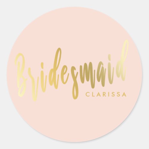 Elegant blush pink  gold bridesmaid classic round sticker