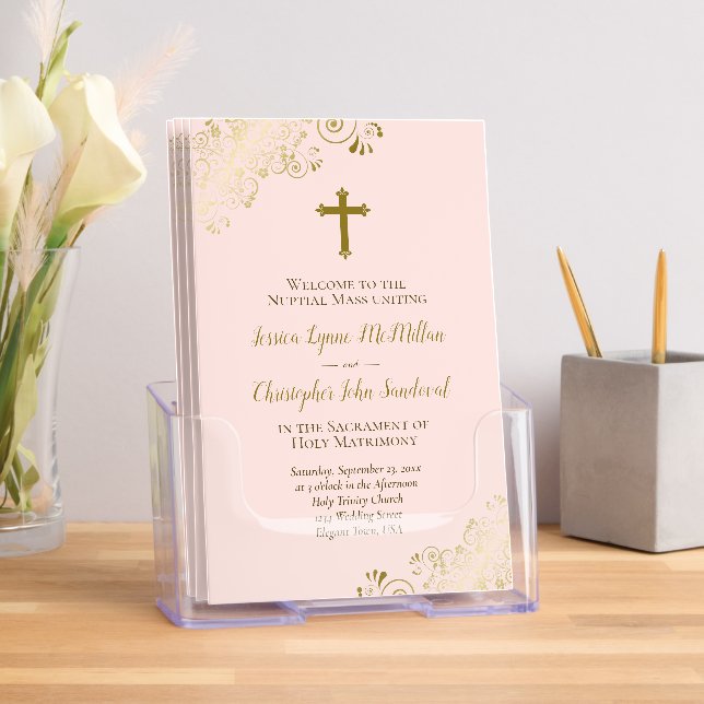 Elegant Blush Pink & Gold Catholic Wedding Program Brochure (Insitu)