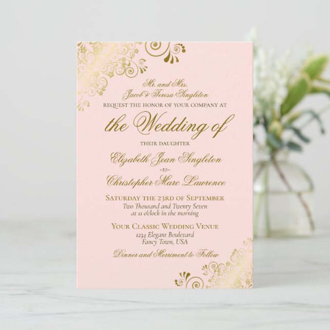 Elegant Blush Pink & Gold Classic Formal Wedding Invitation (Standing Front)