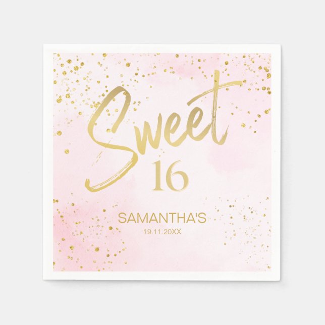 Elegant Blush Pink & Gold Confetti Sweet 16  Napkins (Front)