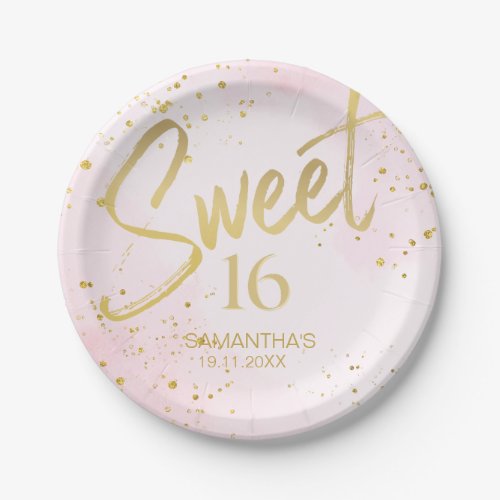 Elegant Blush Pink &amp; Gold Confetti Sweet 16 Paper Plates