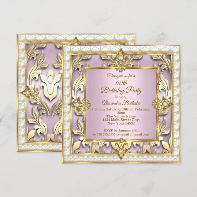 Elegant Blush Pink Gold Cream Birthday Party Invitation (Front/Back)