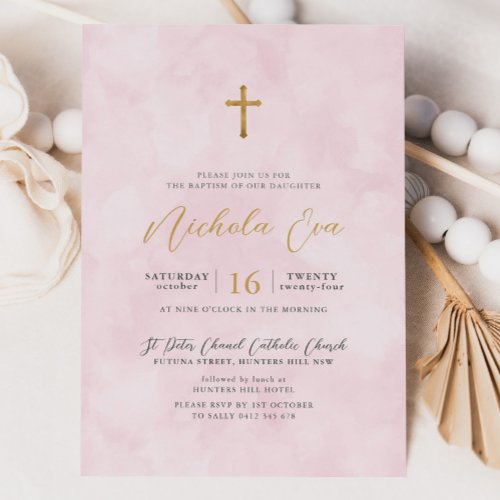 Elegant Blush Pink Gold Cross Girls Baptism Invitation