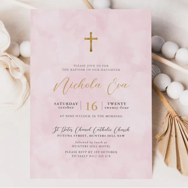 Elegant Blush Pink Gold Cross Girls Baptism Invitation | Zazzle