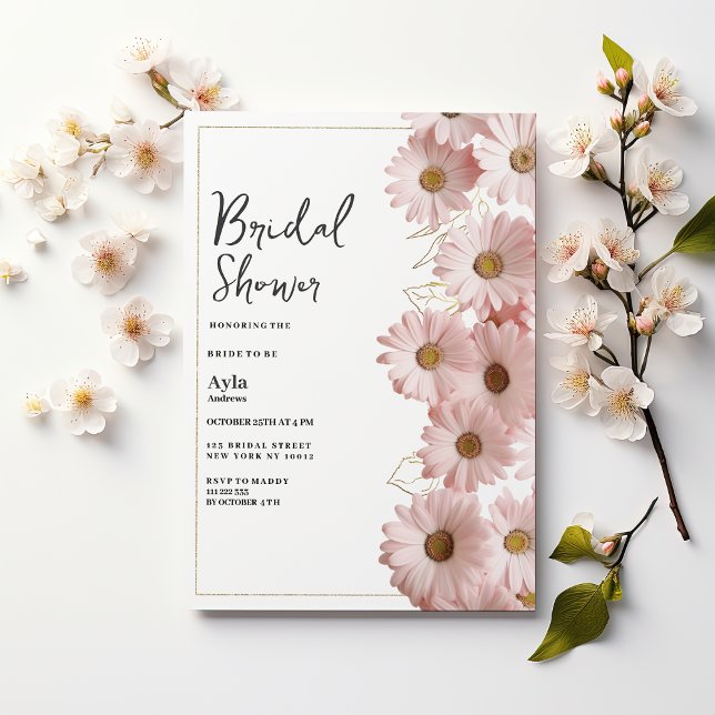 Elegant blush pink gold daisy floral Bridal Shower Invitation (Elegant blush pink gold daisy floral Bridal Shower)