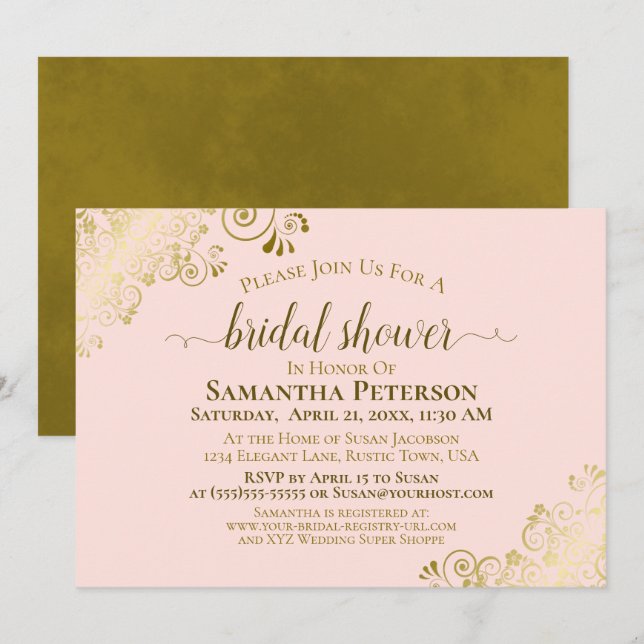Elegant Blush Pink & Gold Fancy Bridal Shower Invitation (Front/Back)