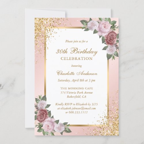 Elegant Blush Pink Gold Floral 30th Birthday Invitation