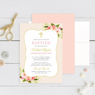 Elegant Blush Pink Gold Floral Baby Girl Baptism Invitation