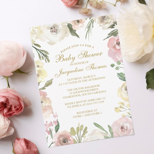 Elegant Blush Pink Gold Floral Baby Girl Shower Invitation