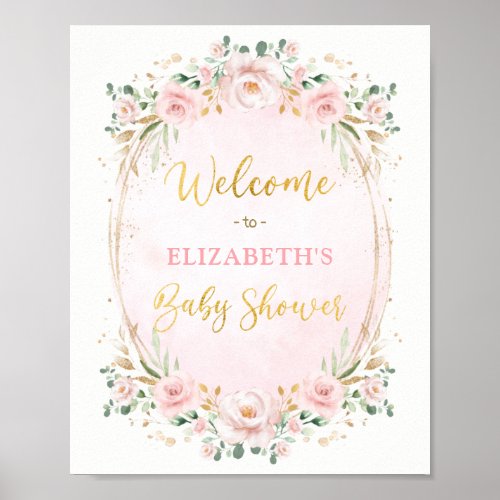 Elegant Blush Pink Gold Floral Baby Shower Welcome Poster