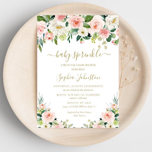 Elegant Blush Pink Gold Floral Baby Sprinkle Invitation