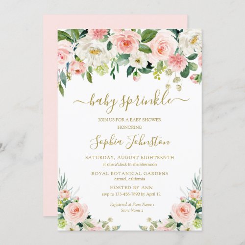 Elegant Blush Pink Gold Floral Baby Sprinkle Invitation - Elegant and modern floral baby sprinkle shower brunch invitation features a bouquet of soft pastel watercolor roses, peonies in shades of blush pink, green and ivory, with lush green botanical leaves and foliage. Personalize with your baby shower brunch details in elegant gold lettering accented with handwritten style calligraphy.