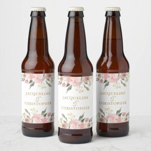 Elegant Blush Pink Gold Floral Custom Wedding Beer Bottle Label