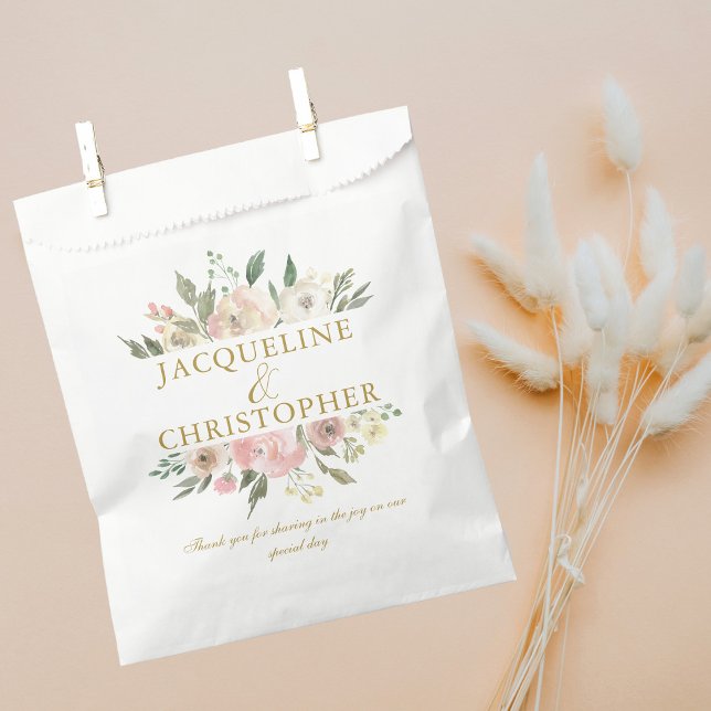 Elegant Blush Pink Gold Floral Custom Wedding Favor Bag (Creator Uploaded)