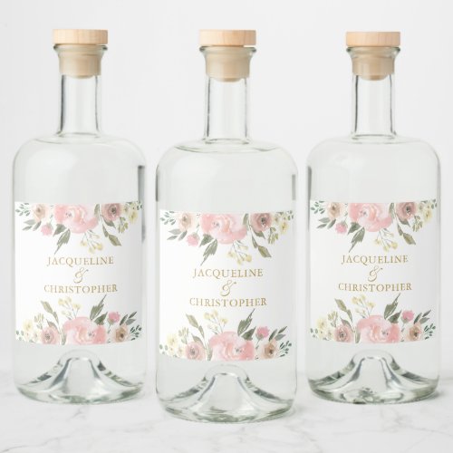 Elegant Blush Pink Gold Floral Custom Wedding Liquor Bottle Label