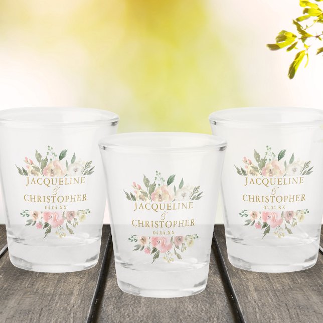 Elegant Blush Pink Gold Floral Custom Wedding Shot Glass (Creator Uploaded)