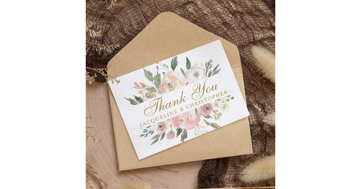 Elegant Blush Pink Gold Floral Custom Wedding Thank You Card | Zazzle