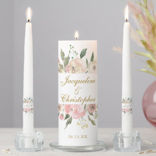 Elegant Blush Pink Gold Floral Custom Wedding Unity Candle Set