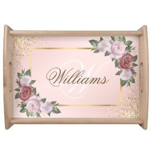 Elegant Blush Pink Gold Floral Family Monogrammed Serving Tray