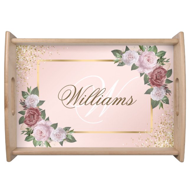 Elegant Blush Pink Gold Floral Family Monogrammed Serving Tray (Front)