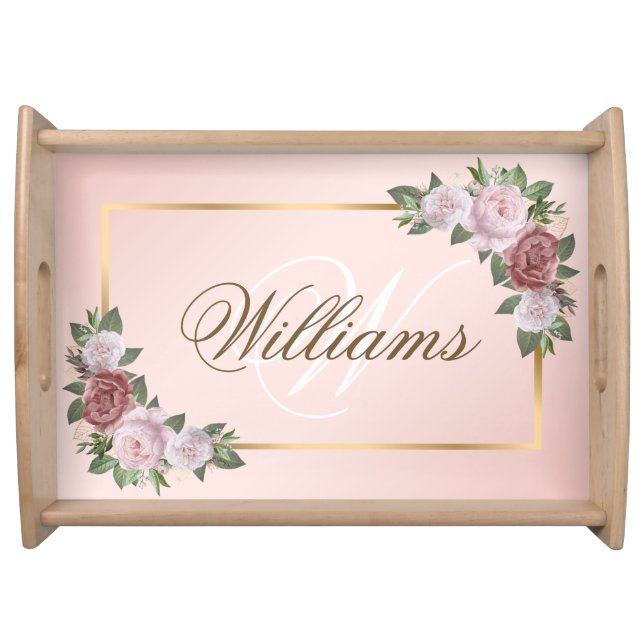 Elegant Blush Pink Gold Floral Family Monogrammed Serving Tray (Front)